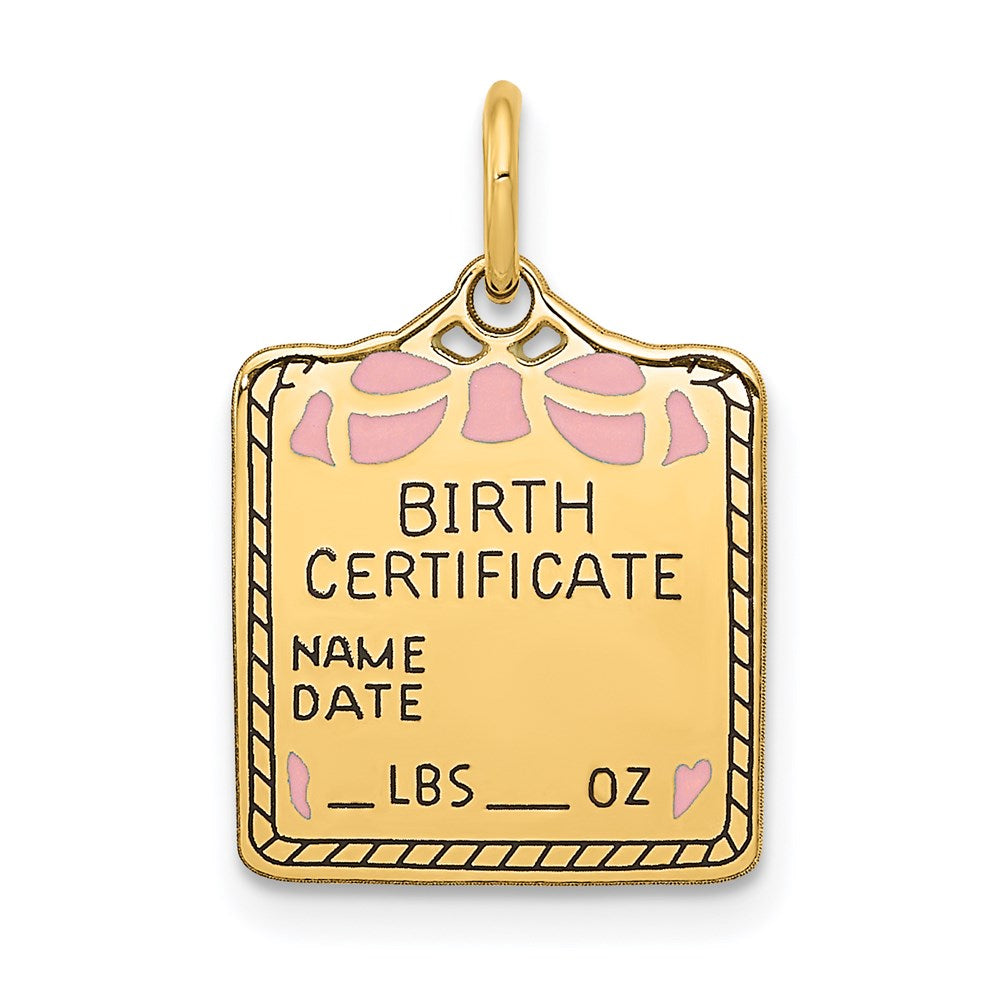 Breloque en or 14 carats émaillée rose, gravable, pour acte de naissance