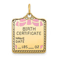 Breloque en or 14 carats émaillée rose, gravable, pour acte de naissance
