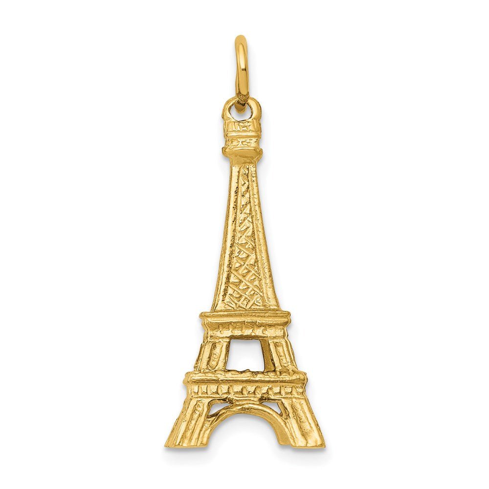 Eiffel Tower charm in 14k Yellow Gold, with a polished finish, textured latticework, and a hanging loop.