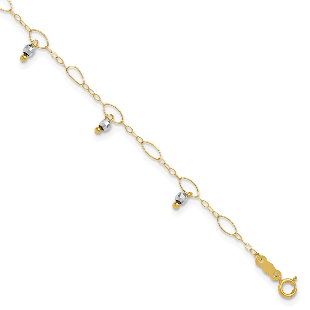 Bracelet de cheville à perles effet miroir bicolore en or 14 carats, 9 po avec rallonge de 1 po