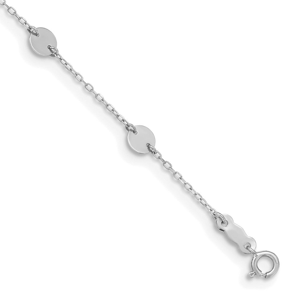 14k White Gold Polished Disc Anklet, 9 in with 1 in Extender