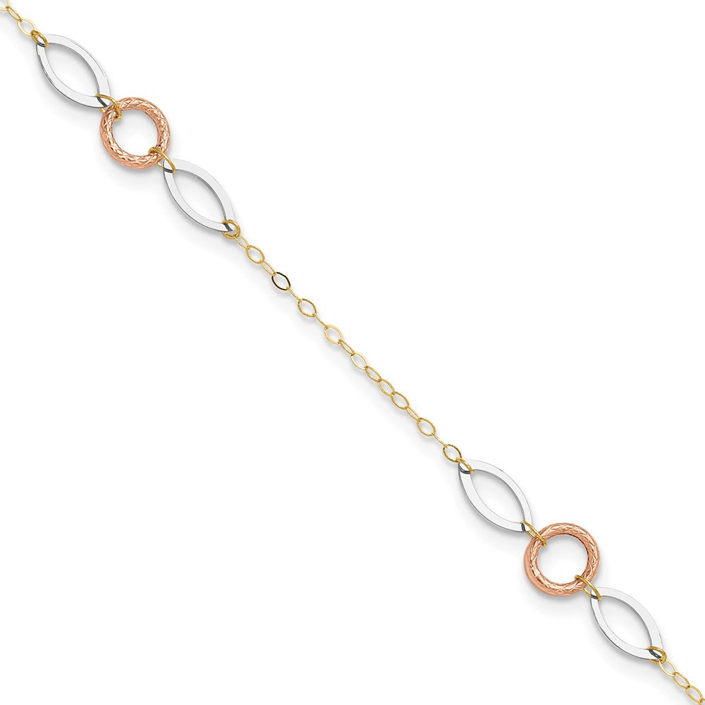Chevillère cercle et ovale en or tricolore 14k, 23 cm avec extension de 2,5 cm