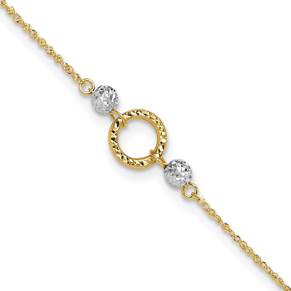 14k Two-tone Circle anklet with a textured yellow-gold ring, two white-gold beads, and a delicate link chain