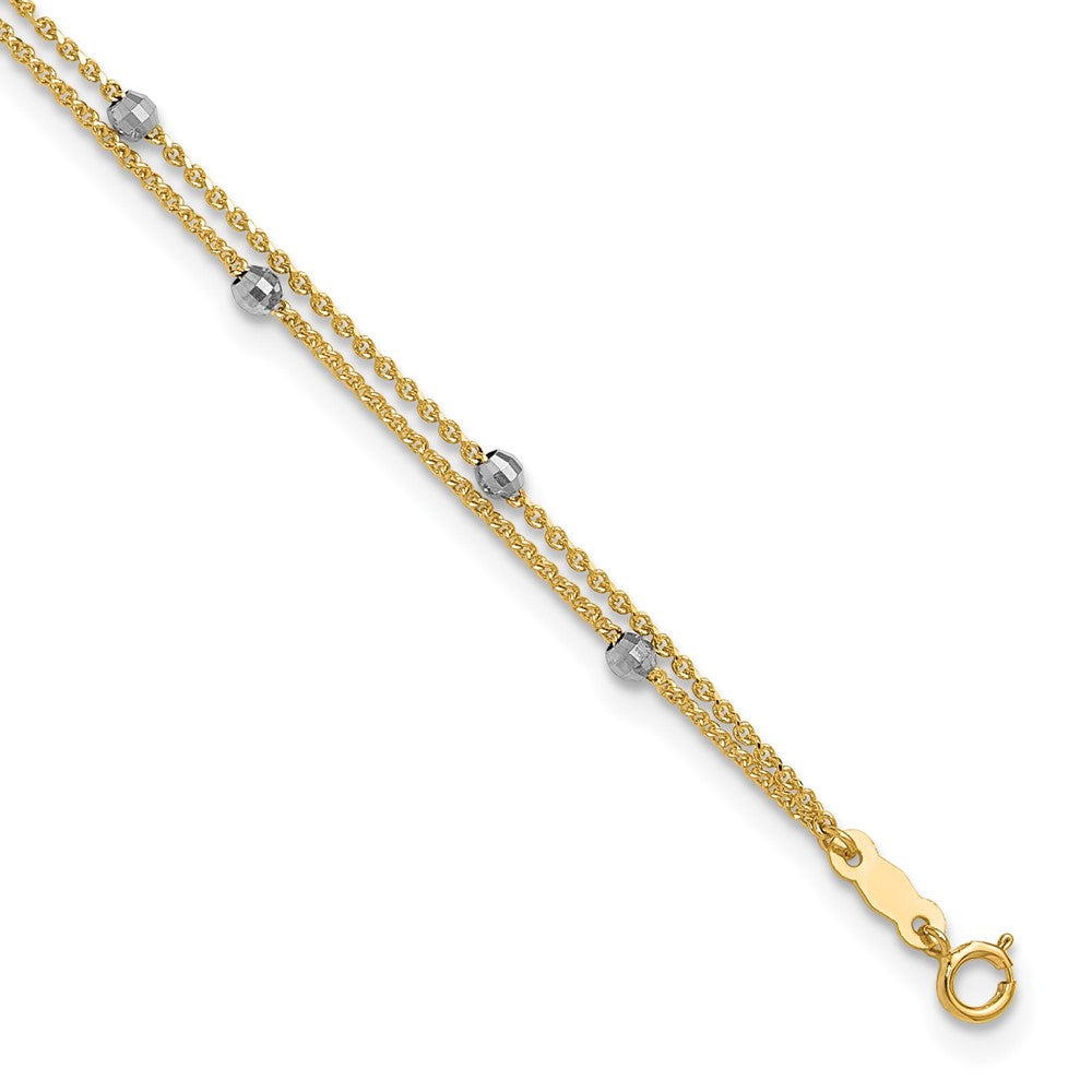 Chevillère 2 rangs en or bicolore 14 carats, mailles Spiga et perles miroir, 23 cm avec rallonge de 2,5 cm
