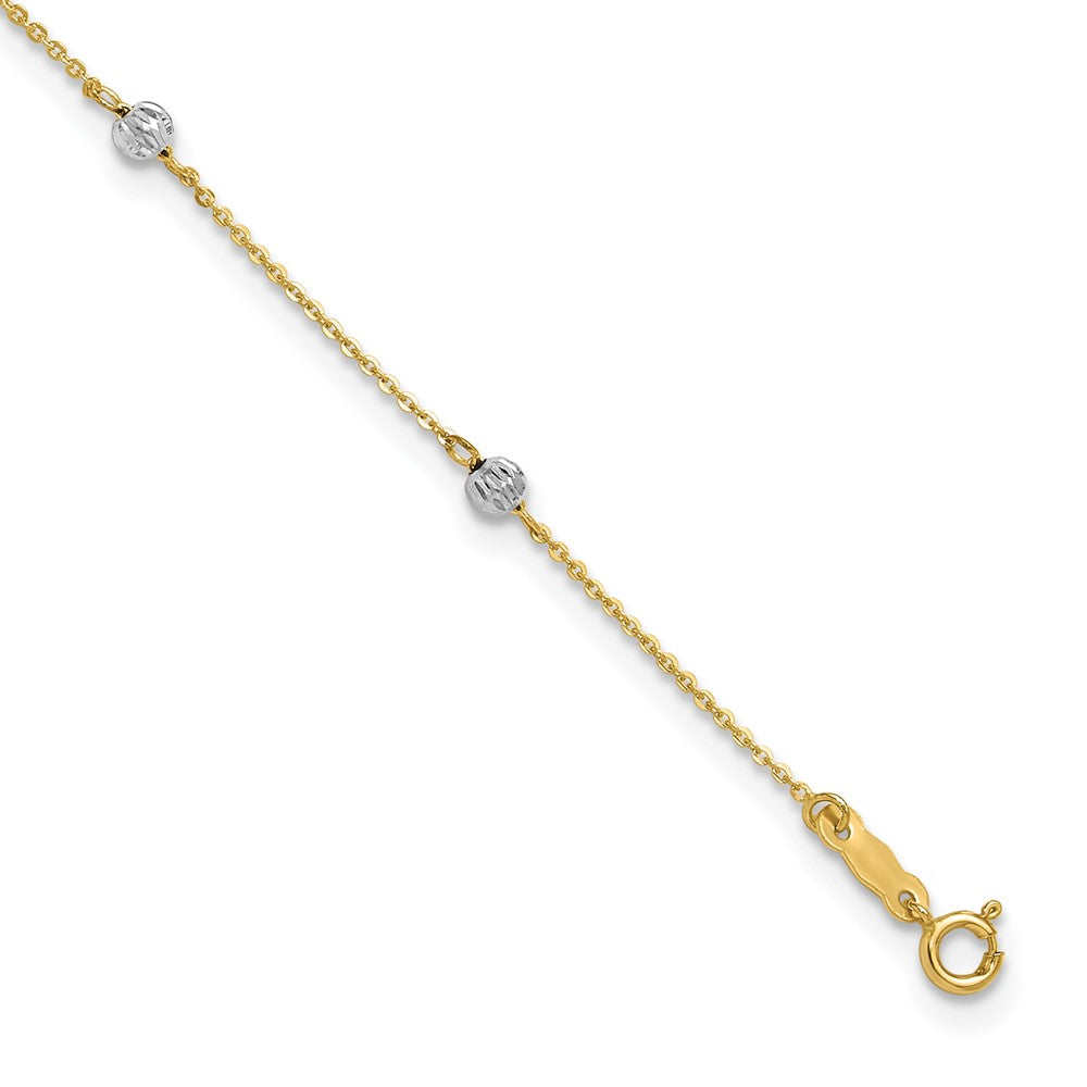 14k Two-tone Diamond-cut Beads Anklet, 9 in with 1 in Extender