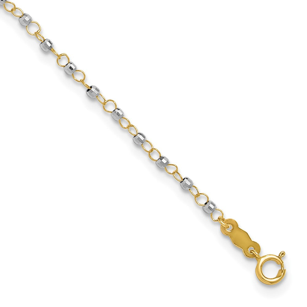 Bracelet de cheville chaîne ronde bicolore 14k avec perles miroir, 9 po avec rallonge de 1 po