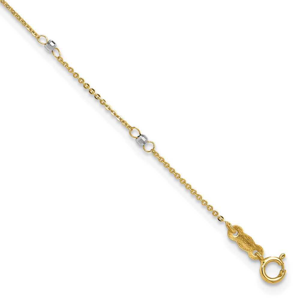 Bracelet de cheville chaîne forçat bicolore 14k avec perles miroir, 9 po avec rallonge de 1 po