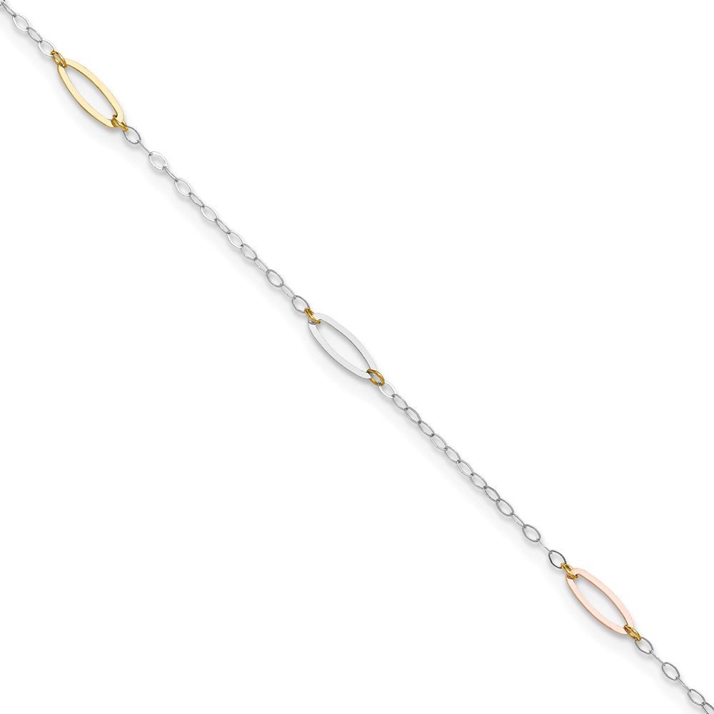 Bracelet de cheville à maillons ovales tricolores en or 14 carats, 9 po avec rallonge de 1 po