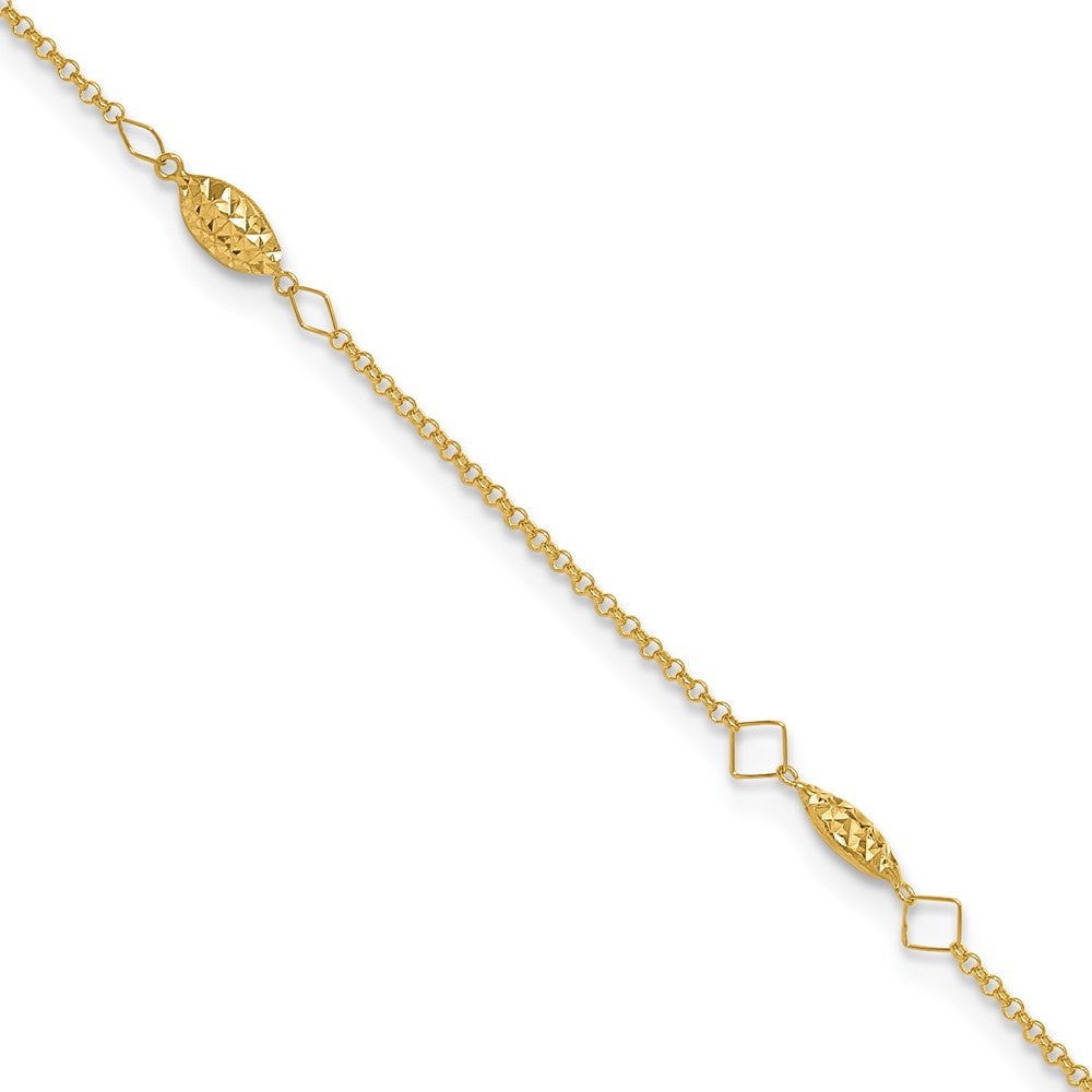 Bracelet de cheville en or 14 carats avec chaîne cercle, perles gaufrées et taille diamant, 23 cm avec rallonge de 2,5 cm