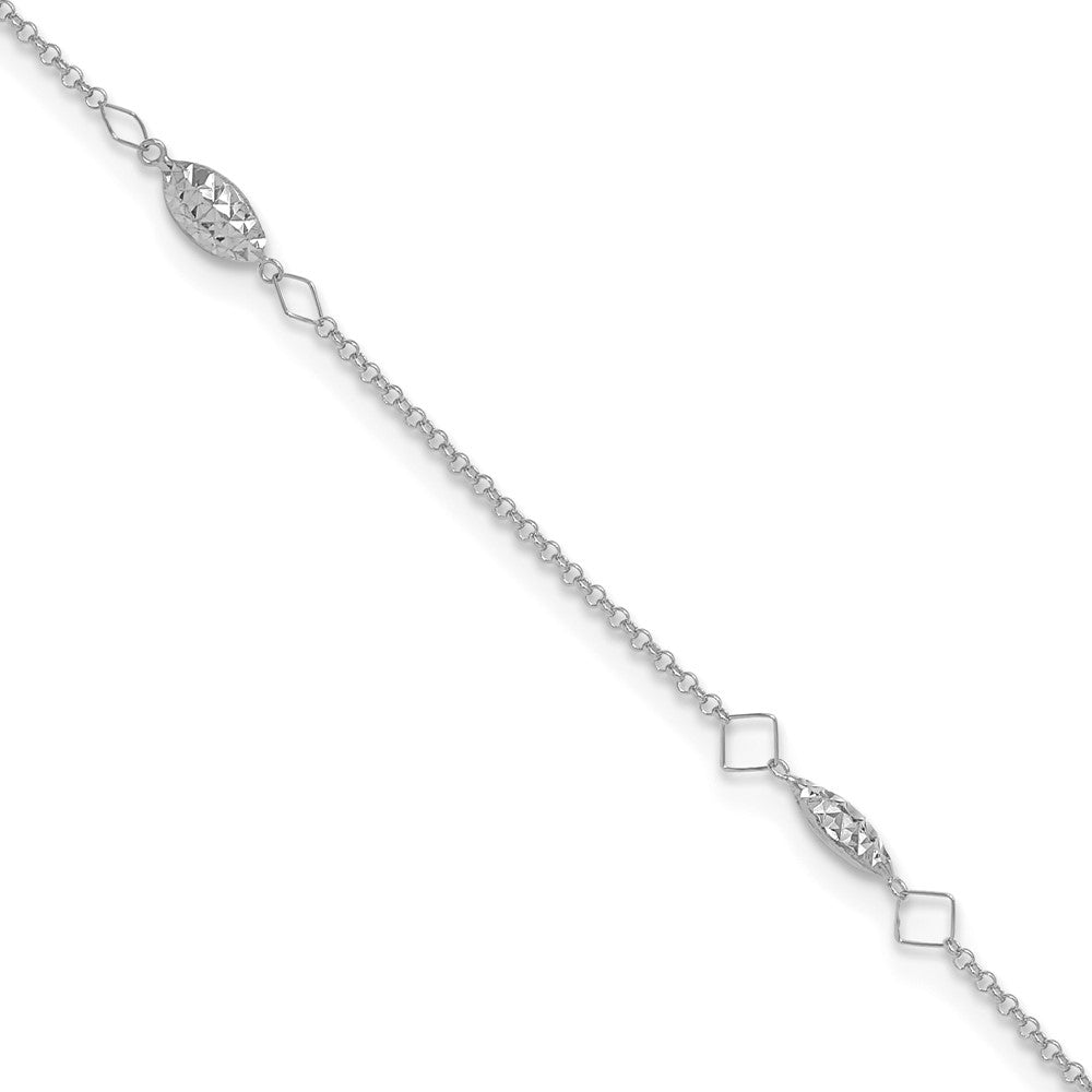 Bracelet de cheville en or blanc 14 carats à perles bombées taille diamant, 9 pouces, extensible d’une demi-pouce