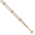 Bracelet de cheville à perles taille diamant 3 brins tricolore 14k, 9 po avec rallonge de 1 po