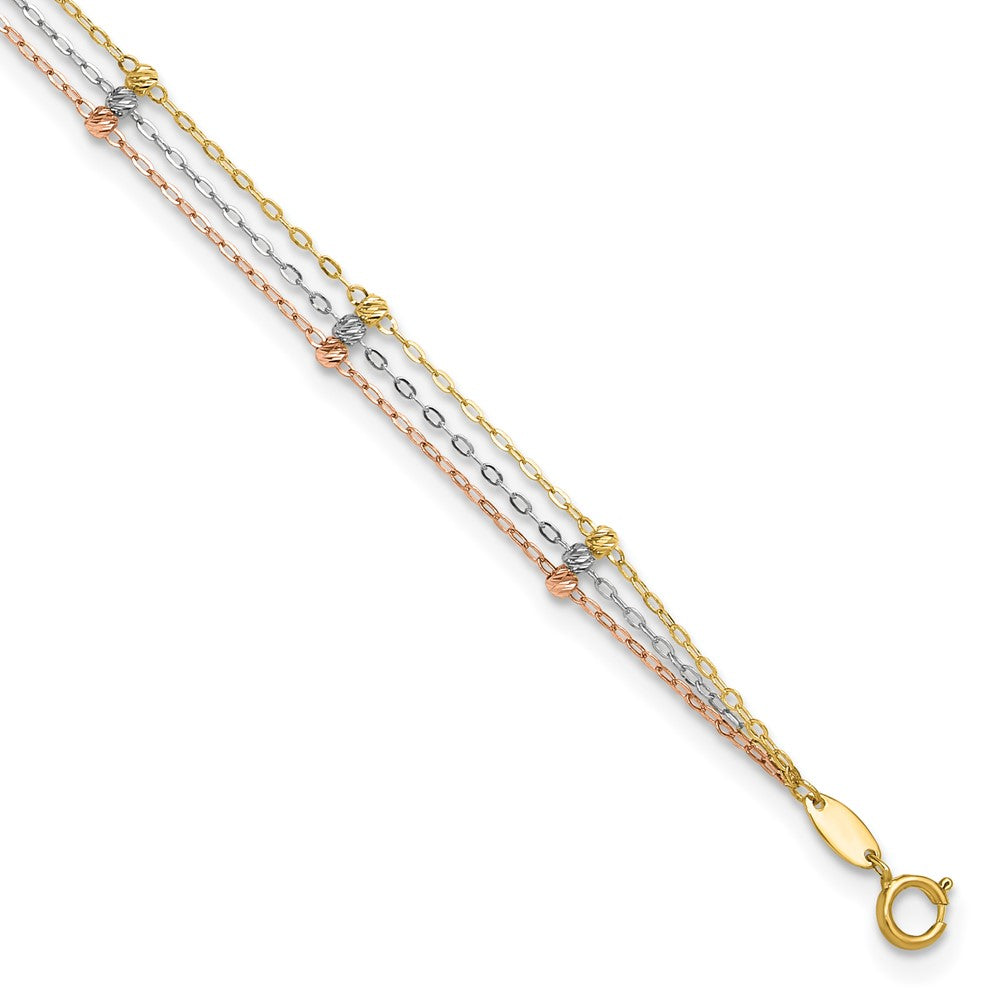 Bracelet de cheville à perles taille diamant 3 brins tricolore 14k, 9 po avec rallonge de 1 po