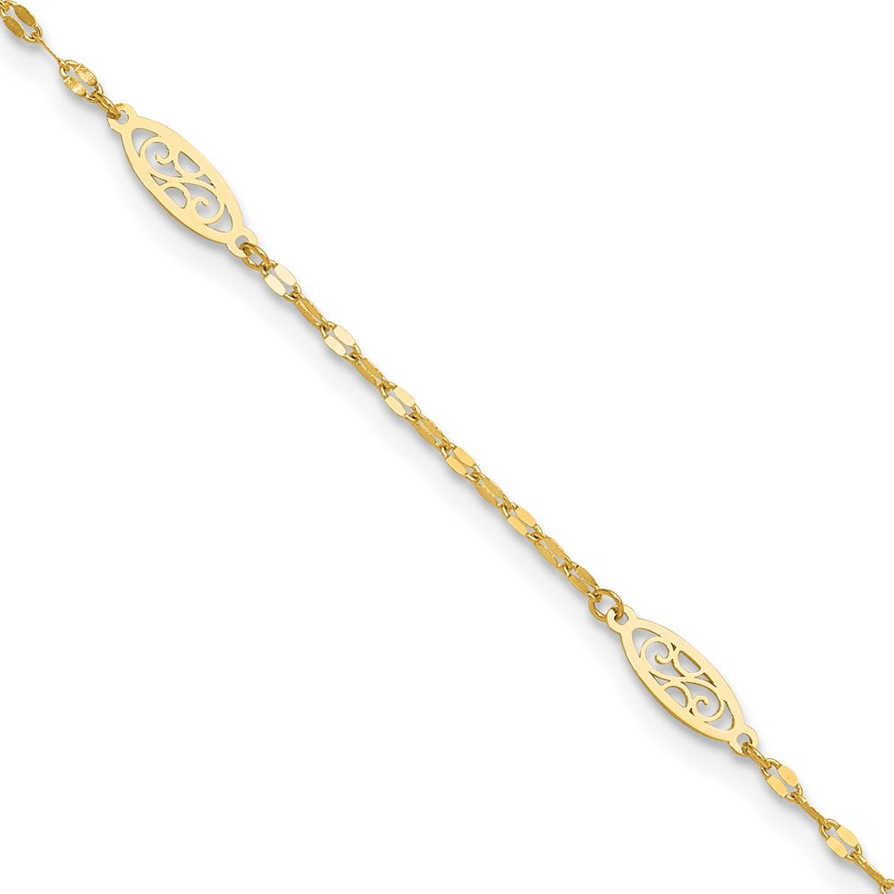 Bracelet de cheville à maillons en filigrane fantaisie poli en or 14 carats, 9 po avec rallonge de 1 po