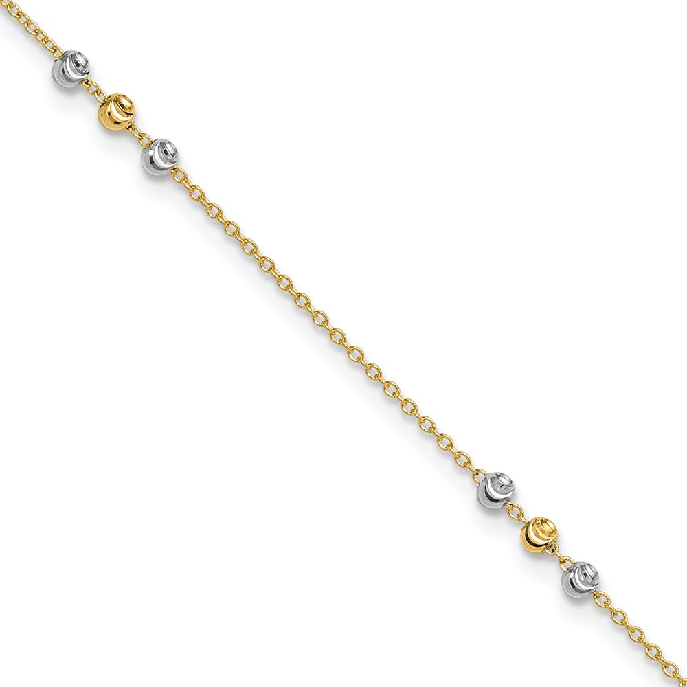 Bracelet de cheville en or 14 carats bicolore, poli et à perles facettées diamant, 9 po avec rallonge de 1 po