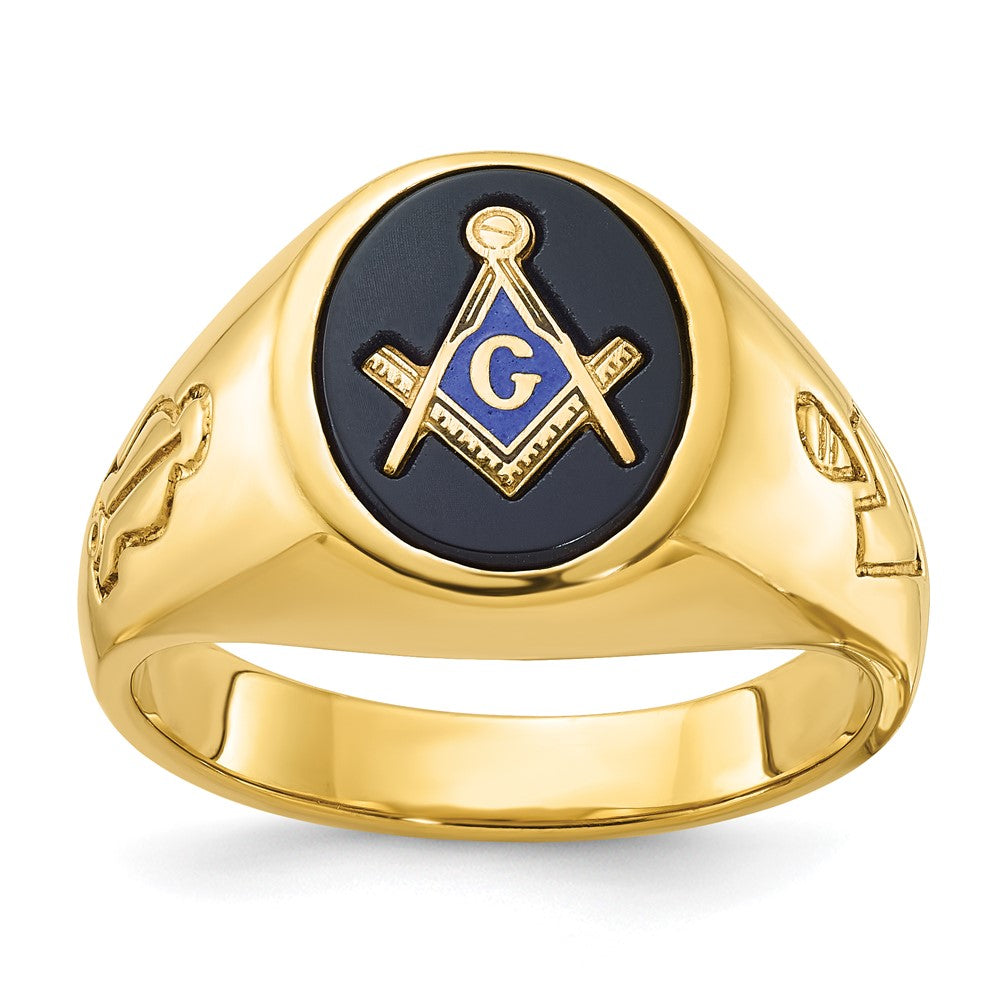 Bague maçonnique pour homme en or 14 carats avec onyx rainuré, modèle Master Mason