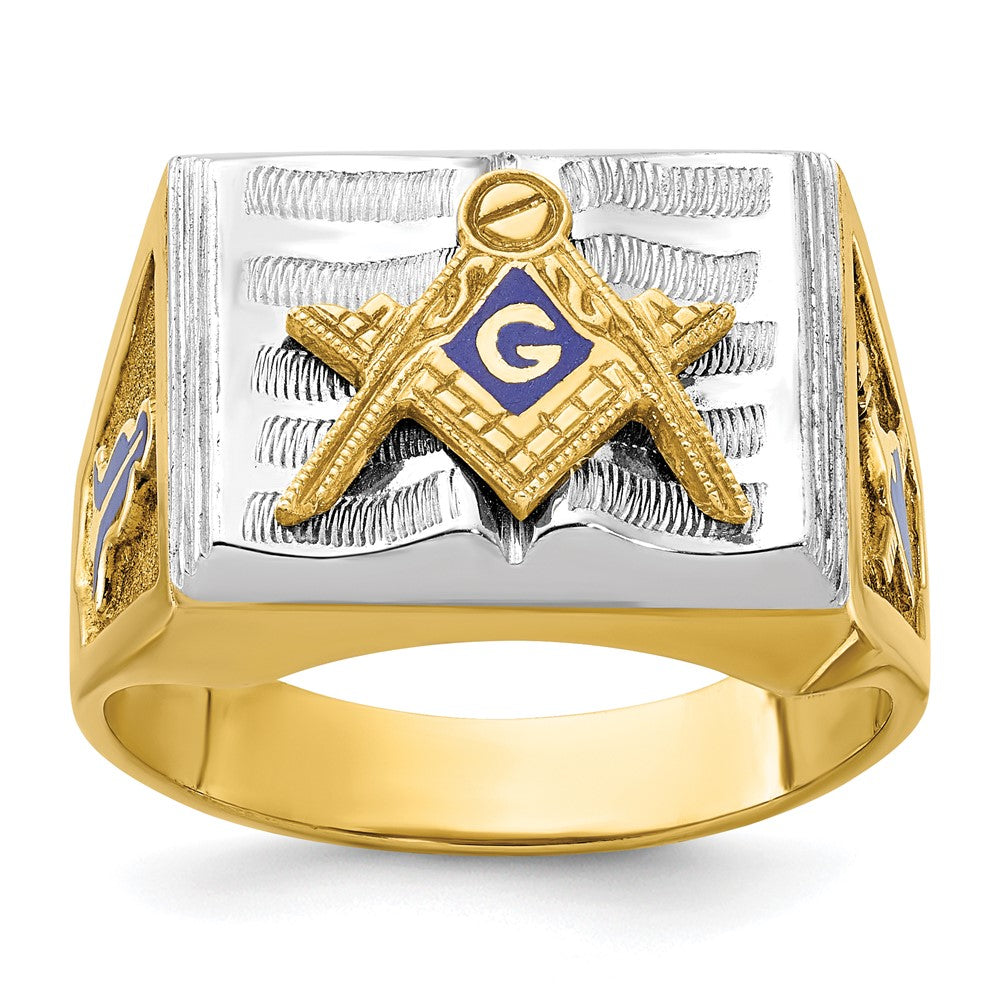 Bague maçonnique pour maître de loge, texturée, bicolore, en or 14 carats, pour homme, avec émail bleu