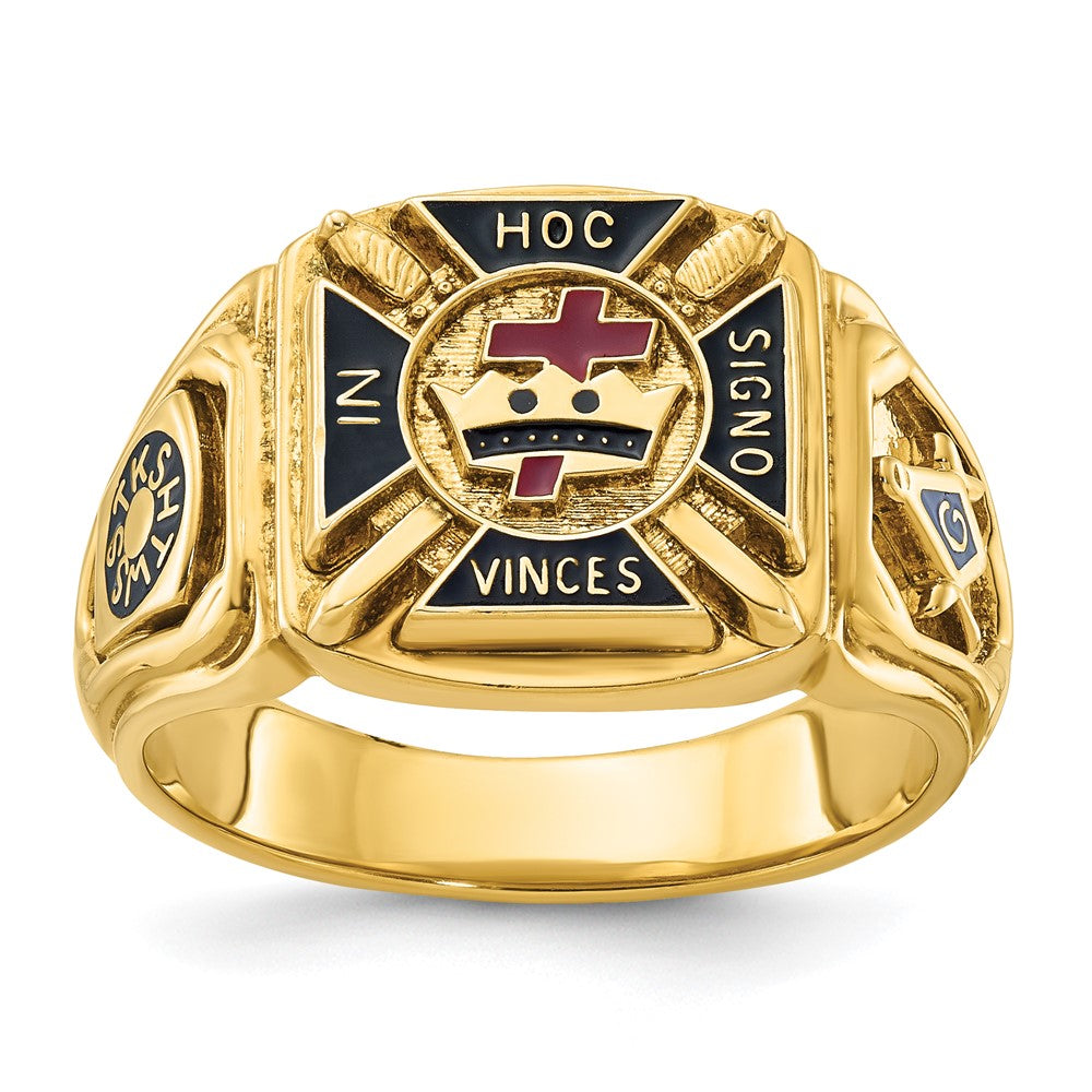 Bague maçonnique pour homme en or 14 carats, avec texture et émail, représentant les Templiers