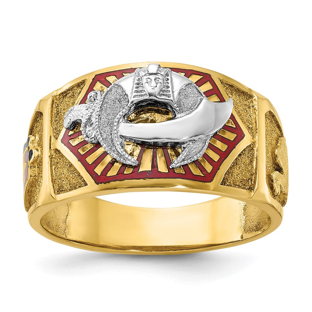 Bague maçonnique bicolore pour homme, en or 14 carats, à texture et émail, ornée de l’emblème des Shriners