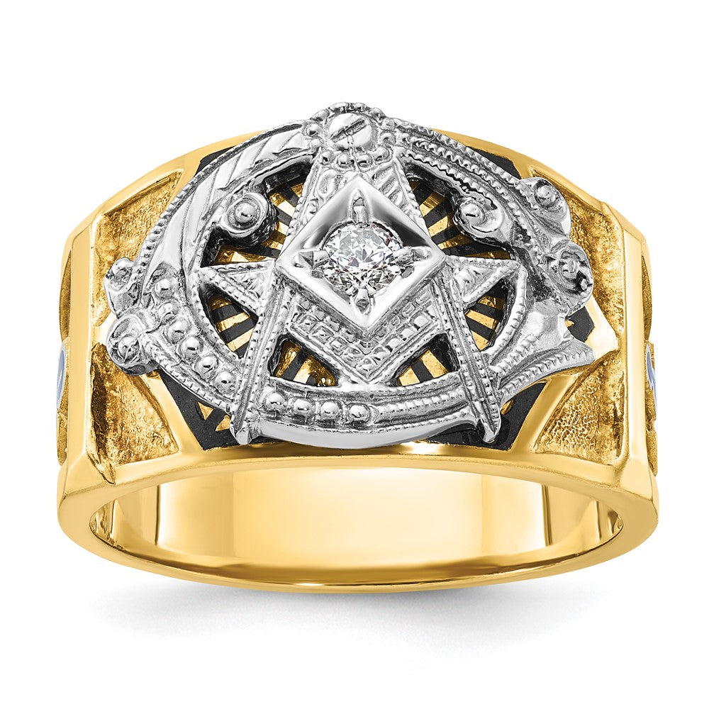 Bague maçonnique Blue Lodge pour homme en or bicolore 14k, émaillée et sertie de diamants