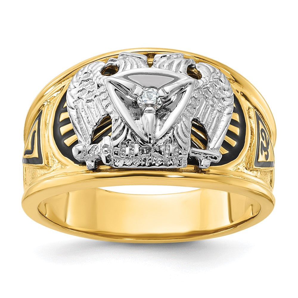 Bague maçonnique du Rite écossais du 32e degré pour homme, en or deux couleurs 14 carats, émaillée et sertie de diamants