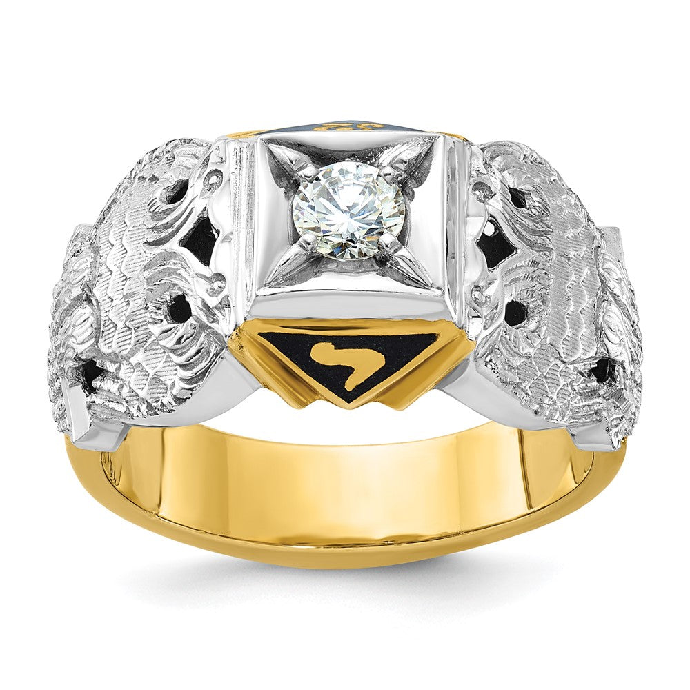 Bague maçonnique du 32e degré du Rite écossais en or jaune et blanc 14 carats, texturée, émaillée et sertie de diamants