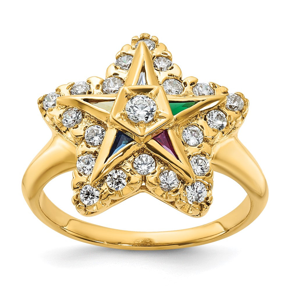 Bague maçonnique Étoile d'Orient pour femme en or 14 carats, sertie de diamants et de zircons cubiques multicolores