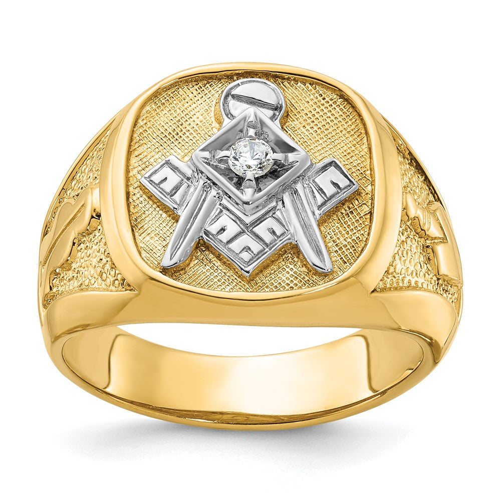 14k White Gold/ White RH Textured Diamond Blue Lodge Masonic Ring