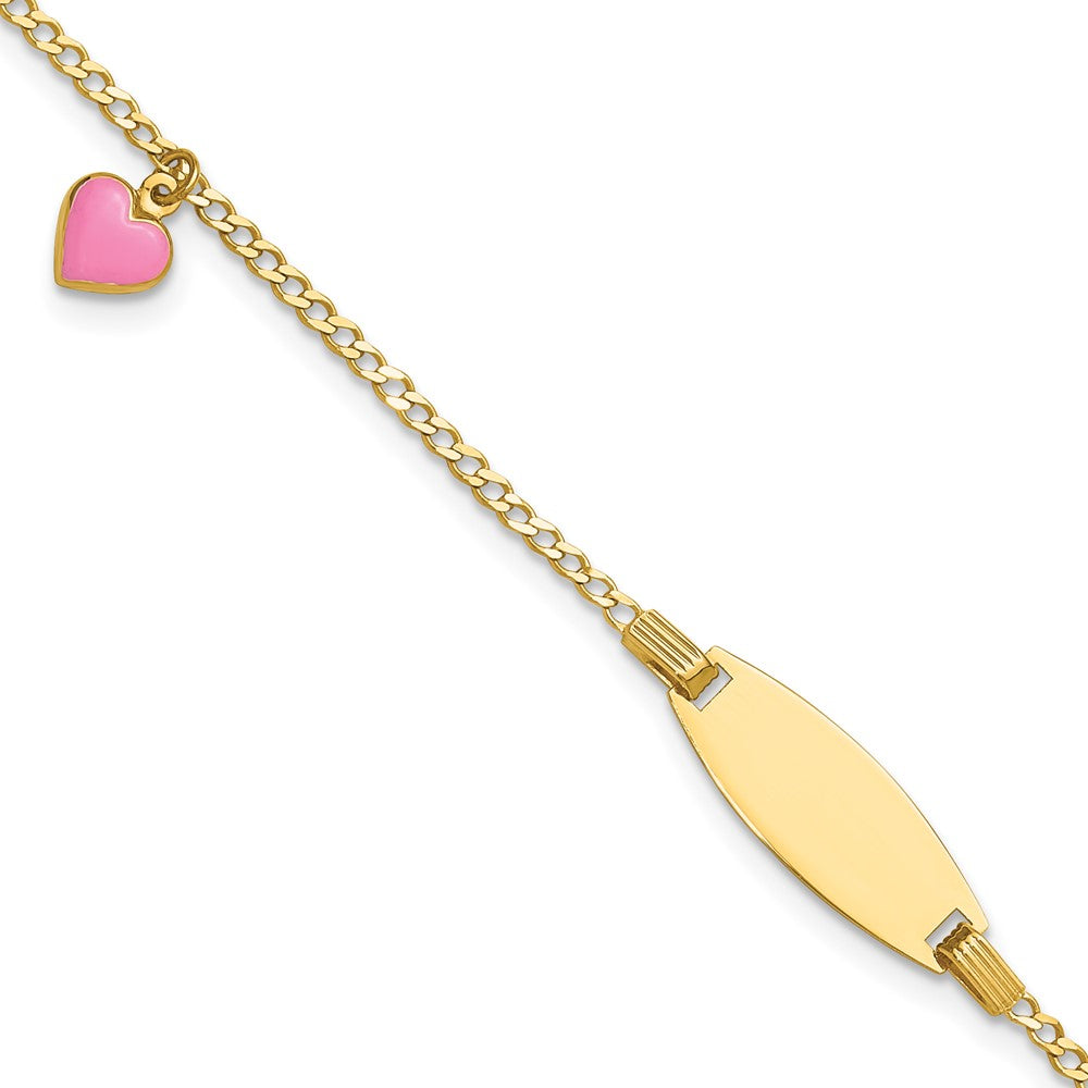 Bracelet gourmette pour enfant de 14 carats poli avec cœur gonflé émaillé rose de 5,5 po
