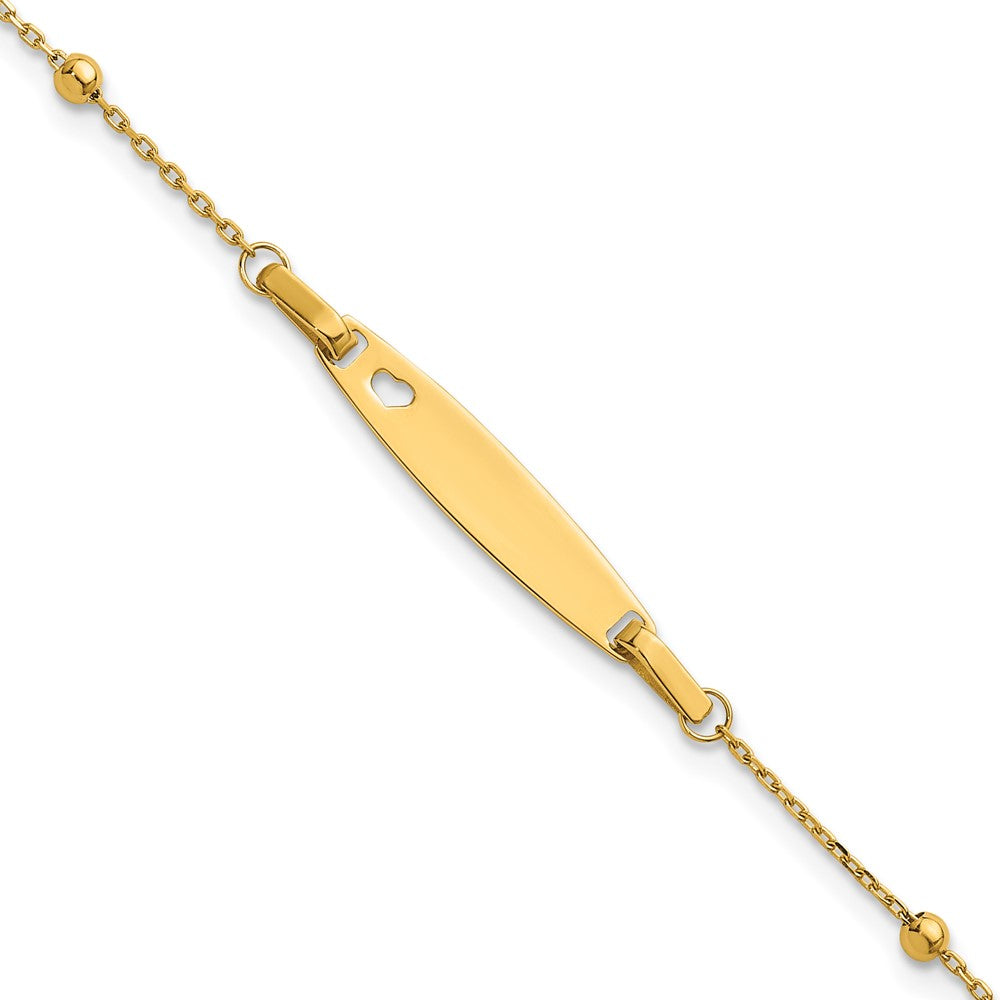 Bracelet d’identification pour enfant en or 14 carats, avec cœur poli et perles, 12,7 cm avec une extension de 2,5 cm
