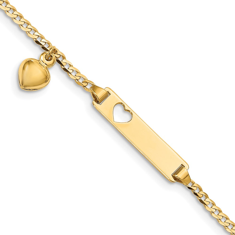 Bracelet gourmette pour enfant en or 14 carats avec cœur ajouré et cœur pendant