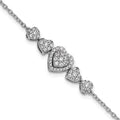 Bracelet en or blanc 14 carats poli avec cœurs en diamants, rallonge de 1 pouce