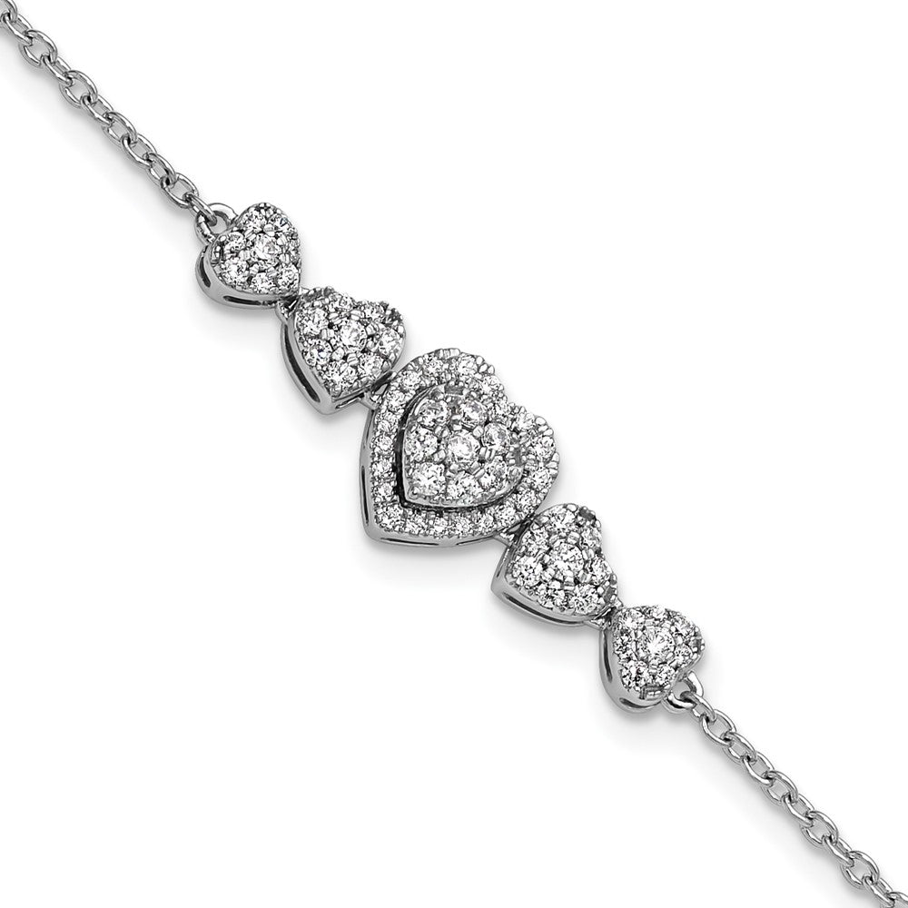 Bracelet en or blanc 14 carats poli avec cœurs en diamants, rallonge de 1 pouce