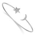 Bracelet jonc souple en or blanc 14 carats avec lune et étoile serties de diamants