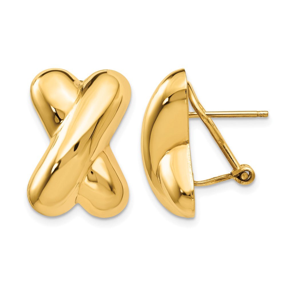 14k Polished X Omega gold earrings with a glossy crossed ribbon design and visible omega clip-back closure.