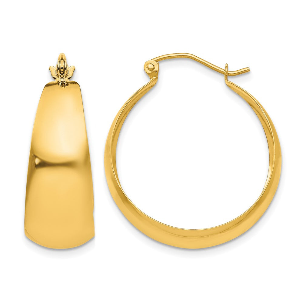 14k Polished 10.5 mm Tapered Hoop Earrings in yellow gold, with a smooth, broad tapered profile and wire-and-clutch closures.