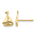 14k Sail Boat Earrings in polished yellow gold, with sculpted triangular sails and horizontal hulls.