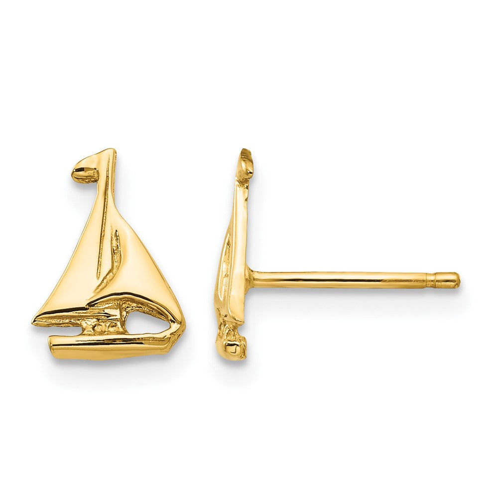 14k Sail Boat Earrings in polished yellow gold, with sculpted triangular sails and horizontal hulls.
