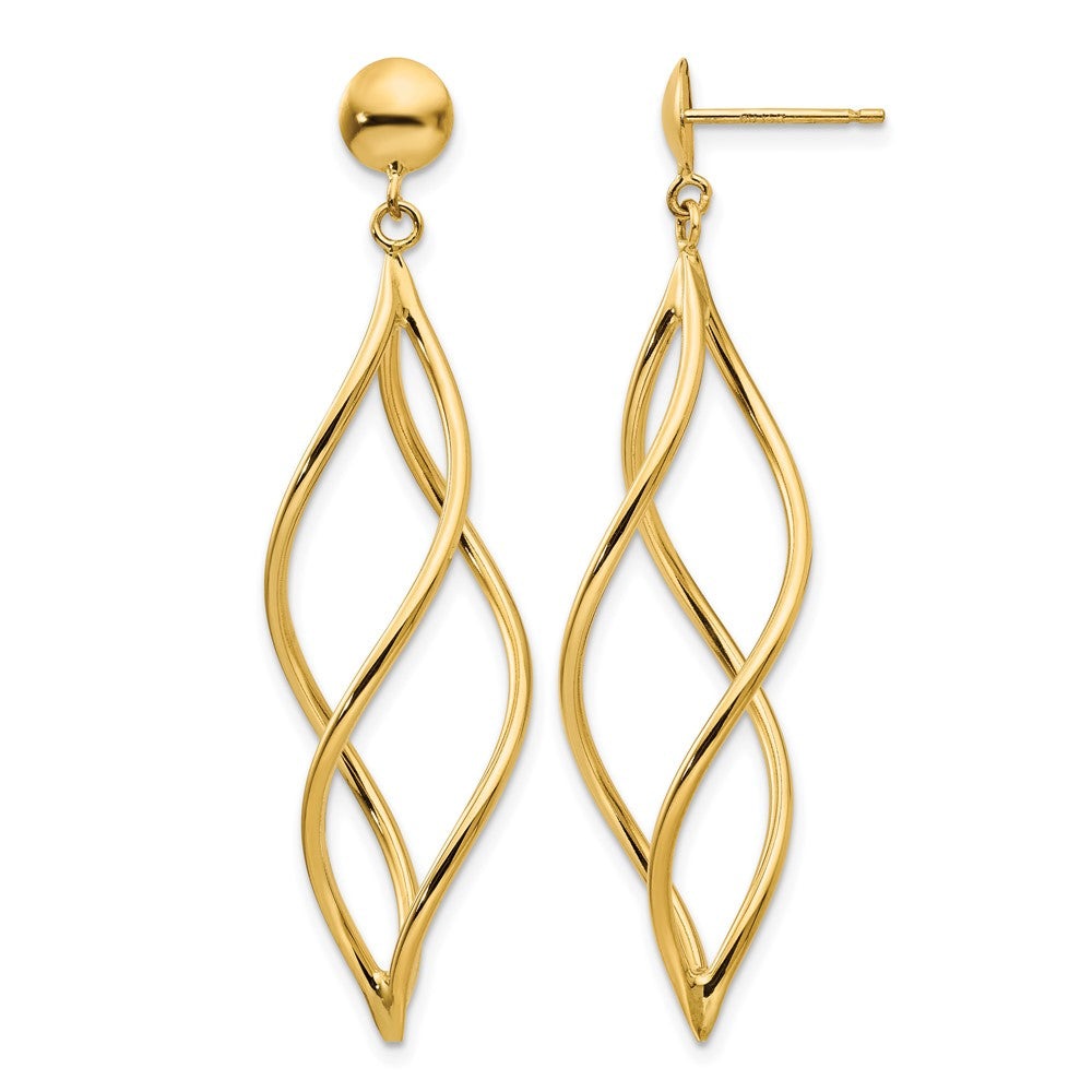 14k Curved Tube Dangle Earrings in polished yellow gold, featuring long, open twisted loops and post backs.