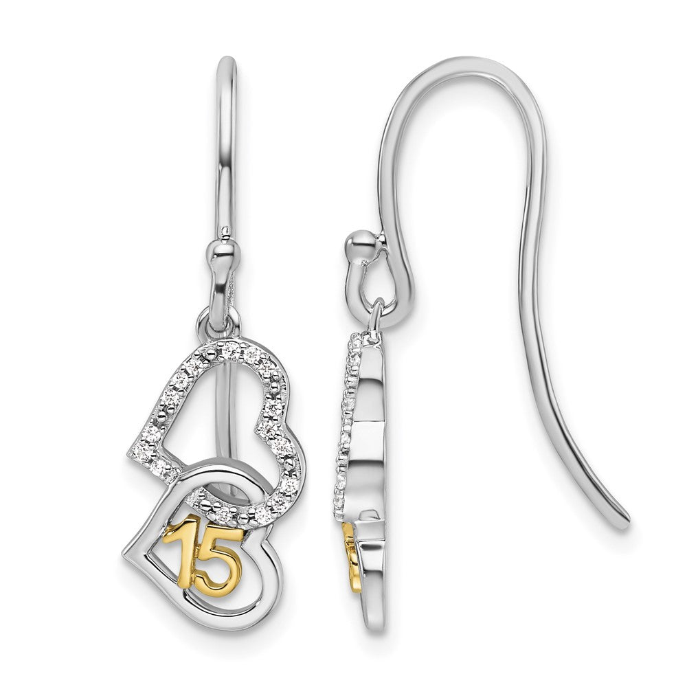 Boucles d'oreilles pendantes double cœur pour quinceañera en or bicolore 14 carats poli avec diamant