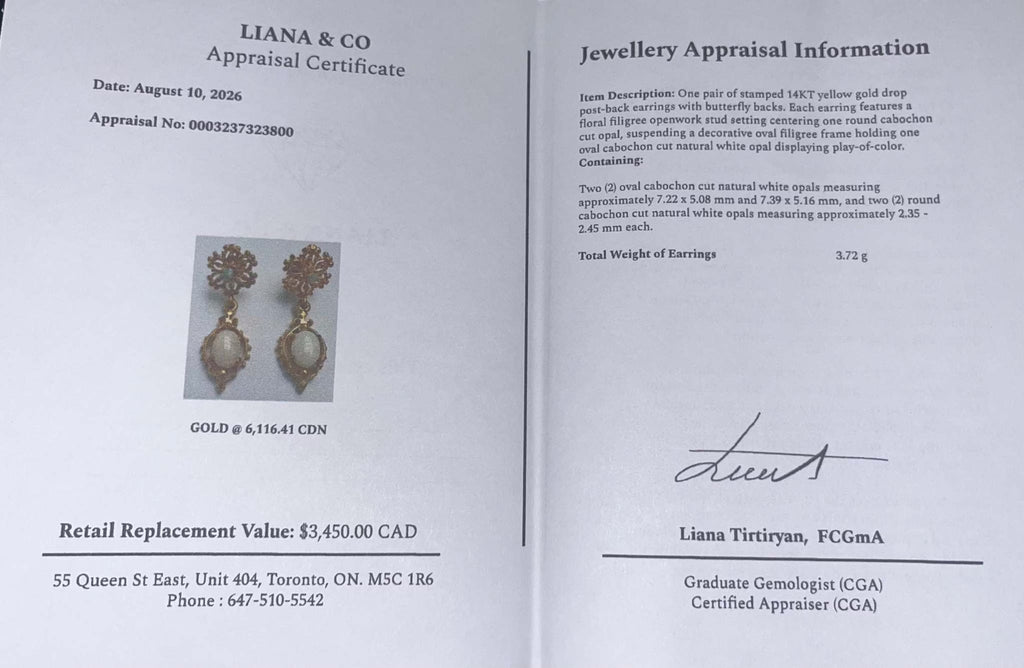 Natural Opal Floral Filigree Earrings in 14kt Yellow Gold