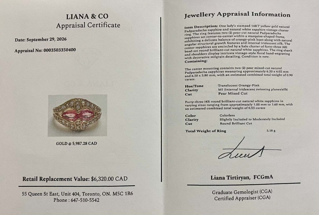 Extremely Rare Padparadscha Sapphires and White Sapphires in an Ornate Hand-Engraved Gold Ring