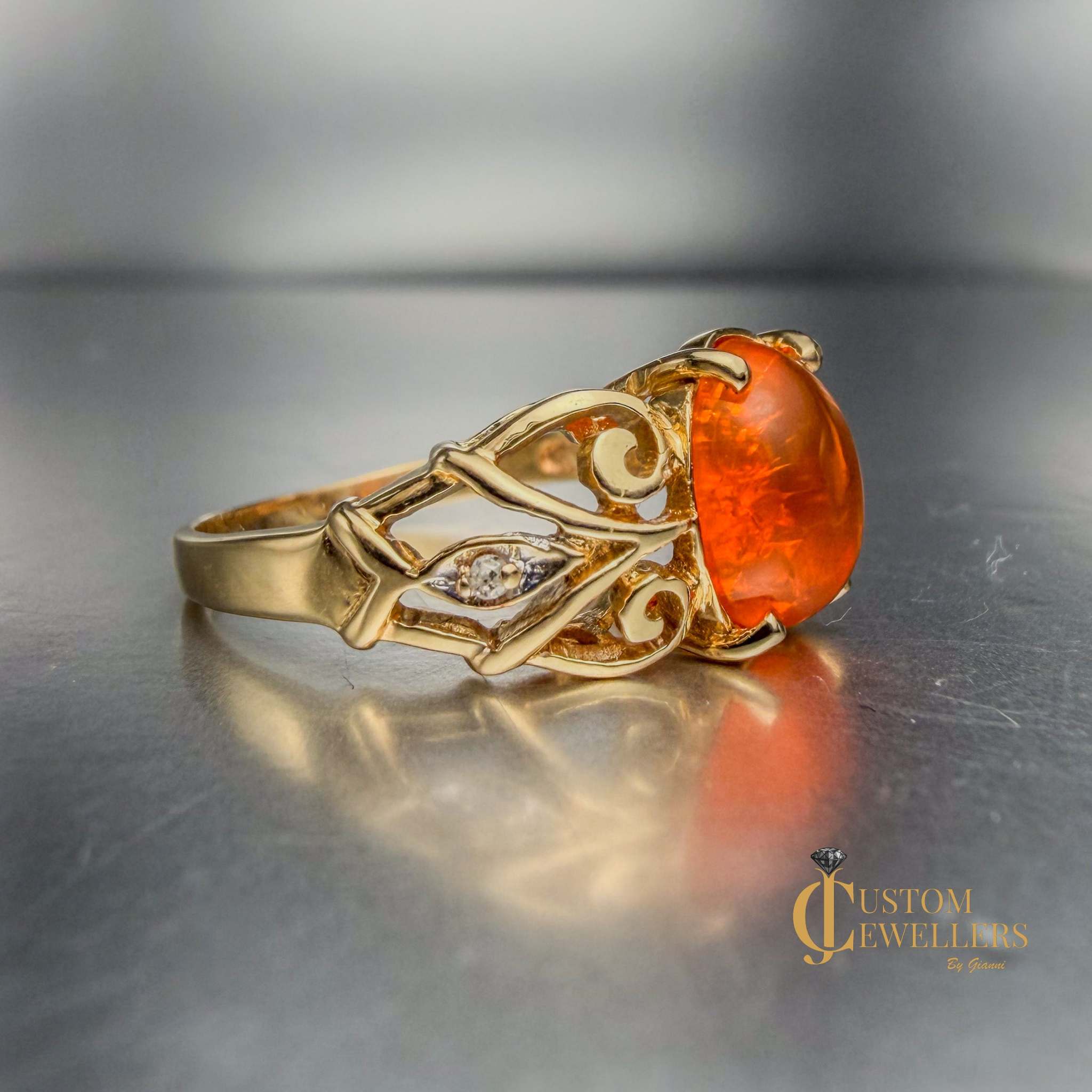 Rare and Unique 14k Yellow Gold Orange Copal Ring