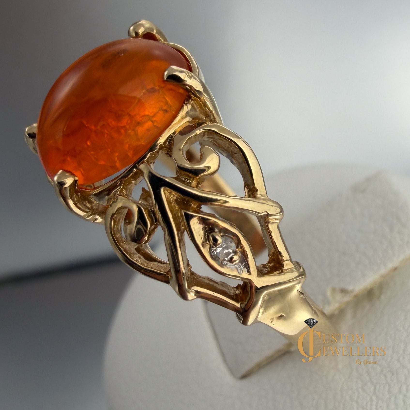 Rare and Unique 14k Yellow Gold Orange Copal Ring