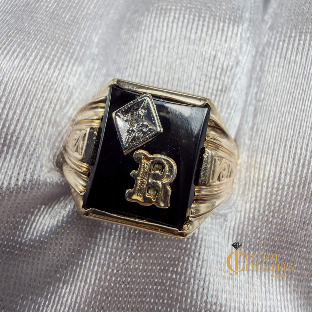 Custom Hematite 'R' Initial Gold Ring featuring single diamond