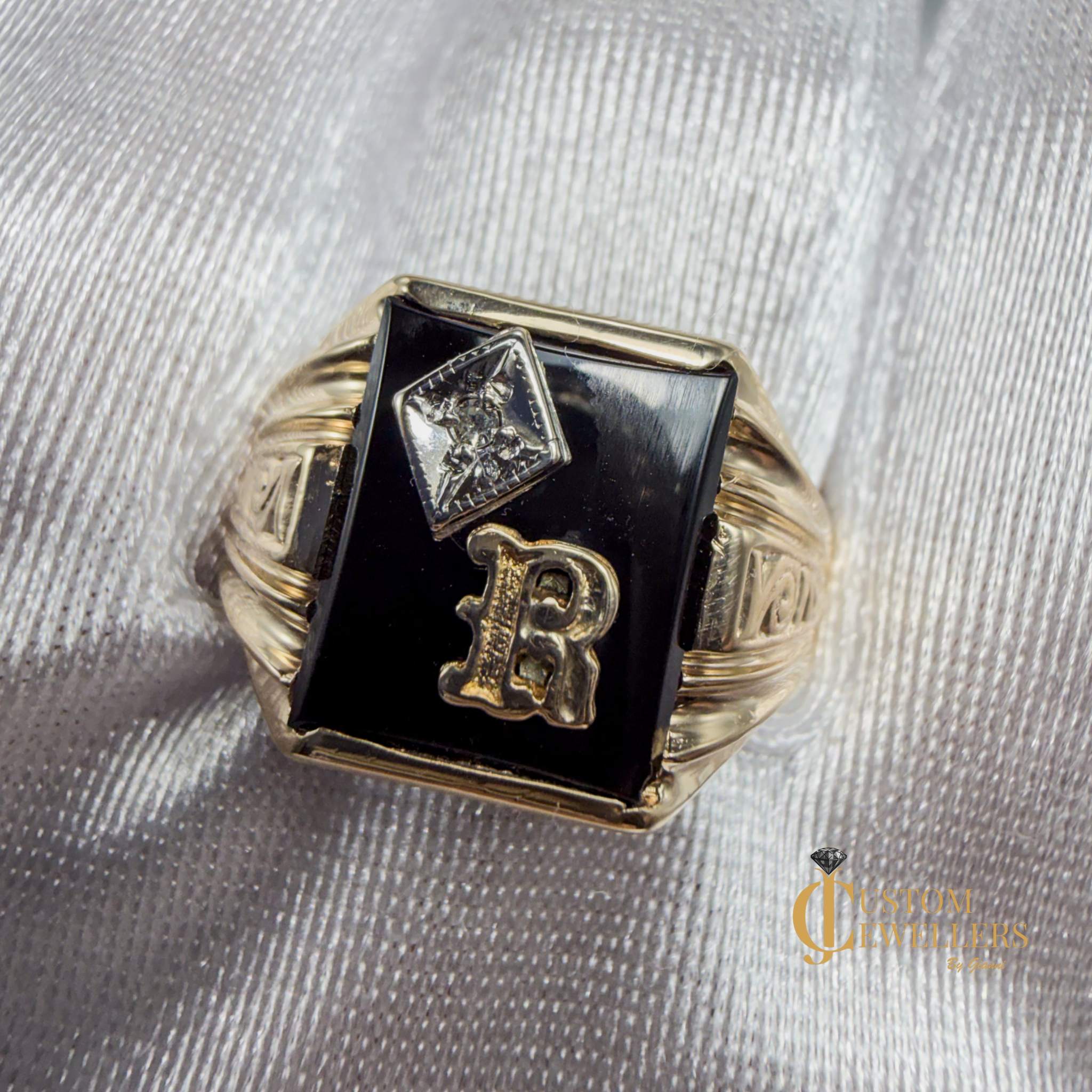 Custom Hematite 'R' Initial Gold Ring featuring single diamond