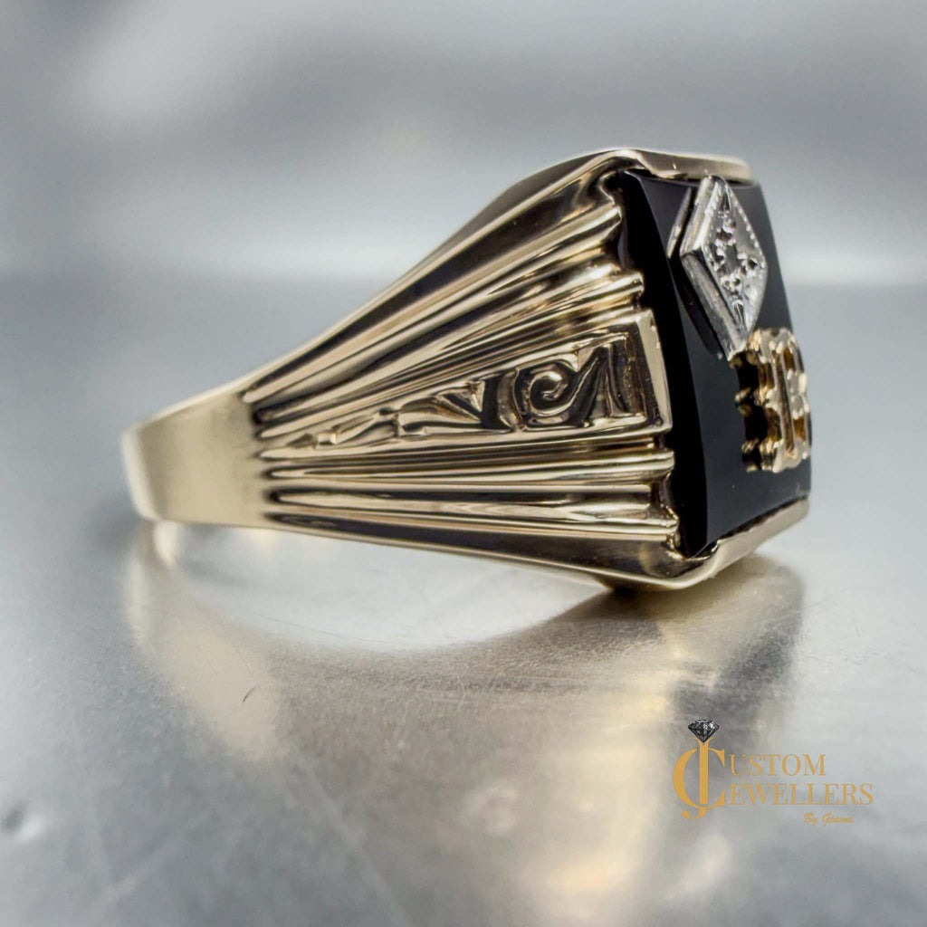 Custom Hematite 'R' Initial Gold Ring featuring single diamond