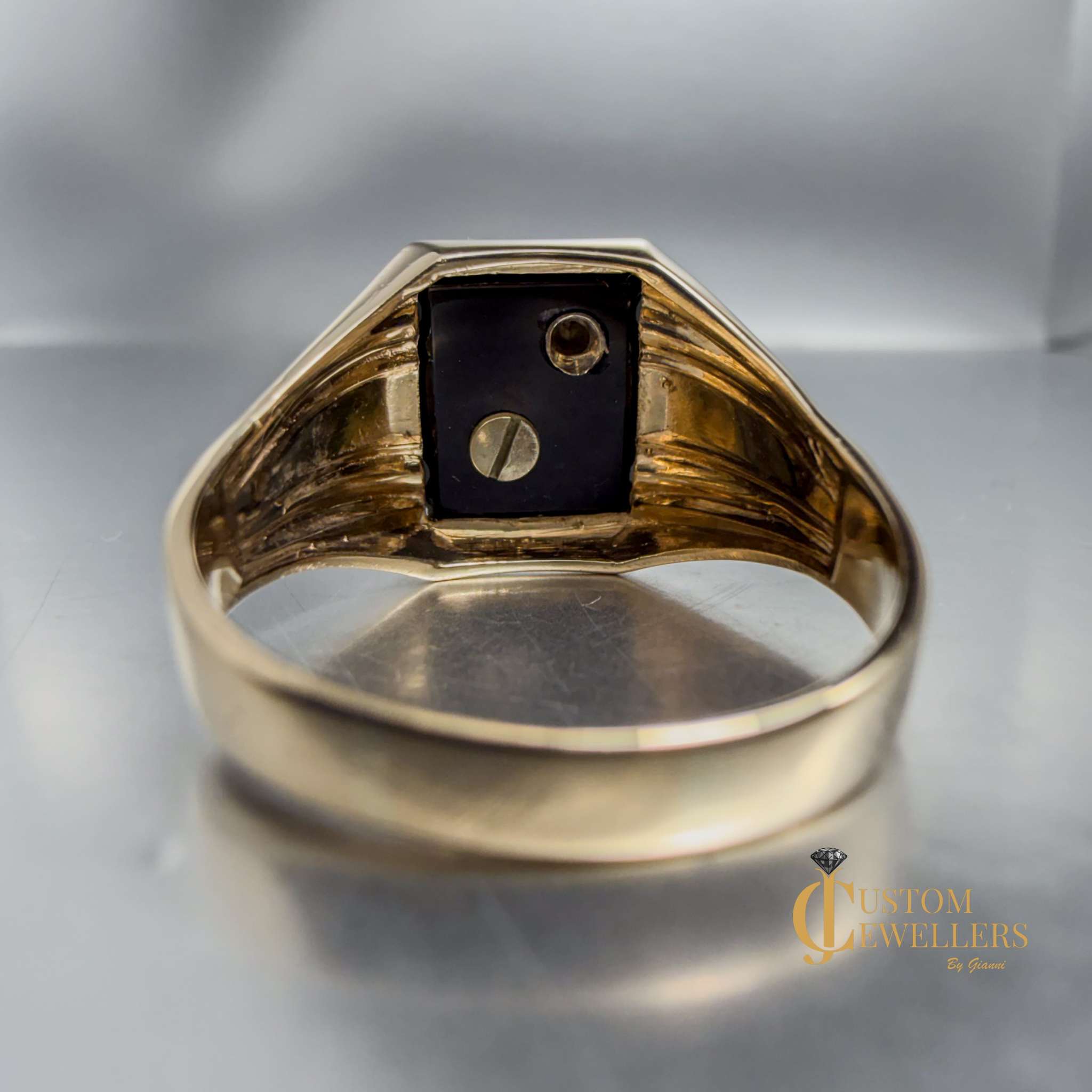 Custom Hematite 'R' Initial Gold Ring featuring single diamond