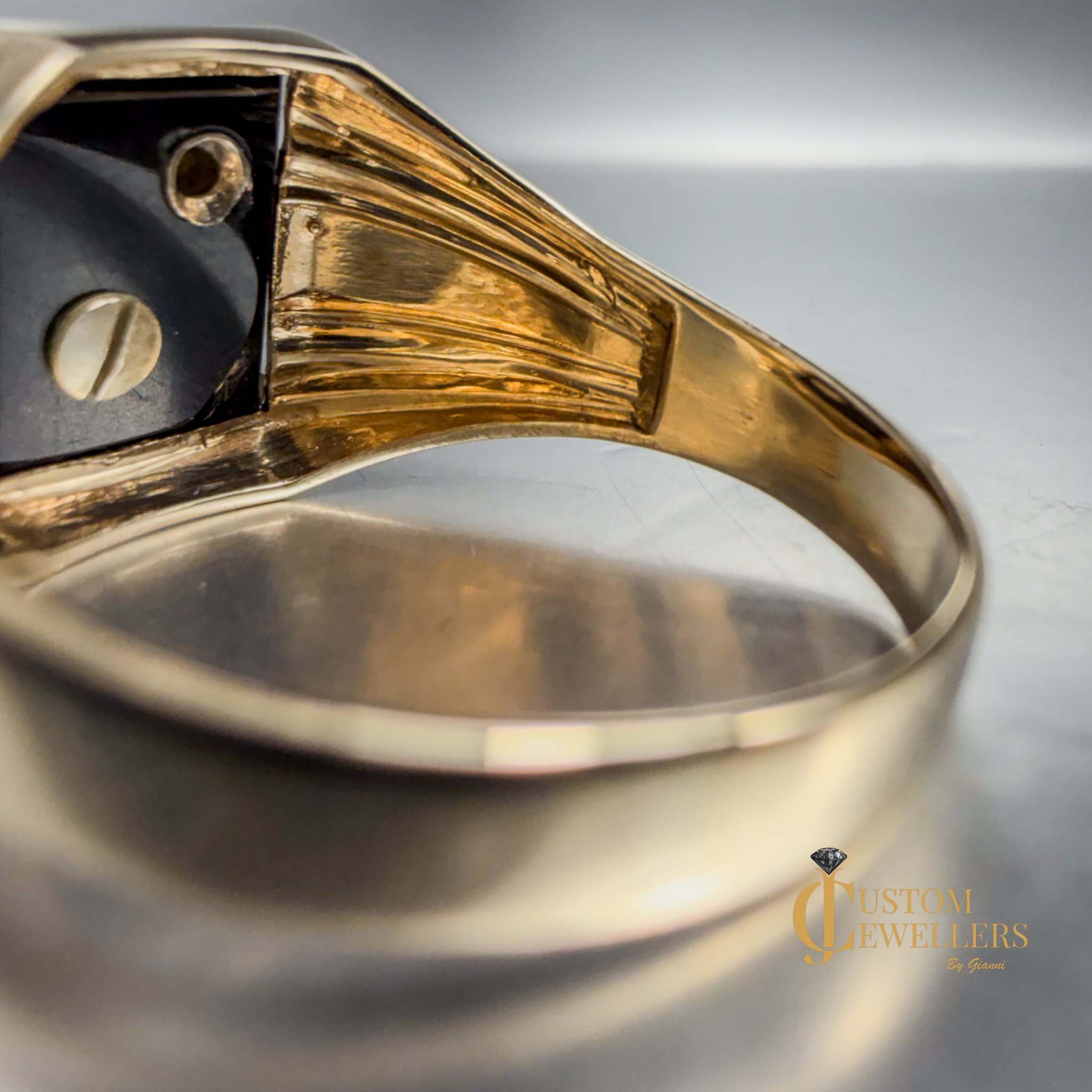 Custom Hematite 'R' Initial Gold Ring featuring single diamond