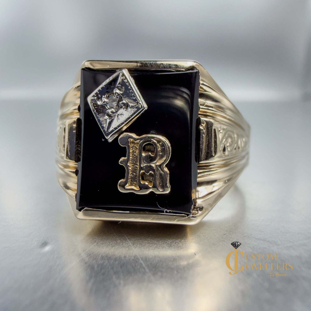 Custom Hematite 'R' Initial Gold Ring featuring single diamond