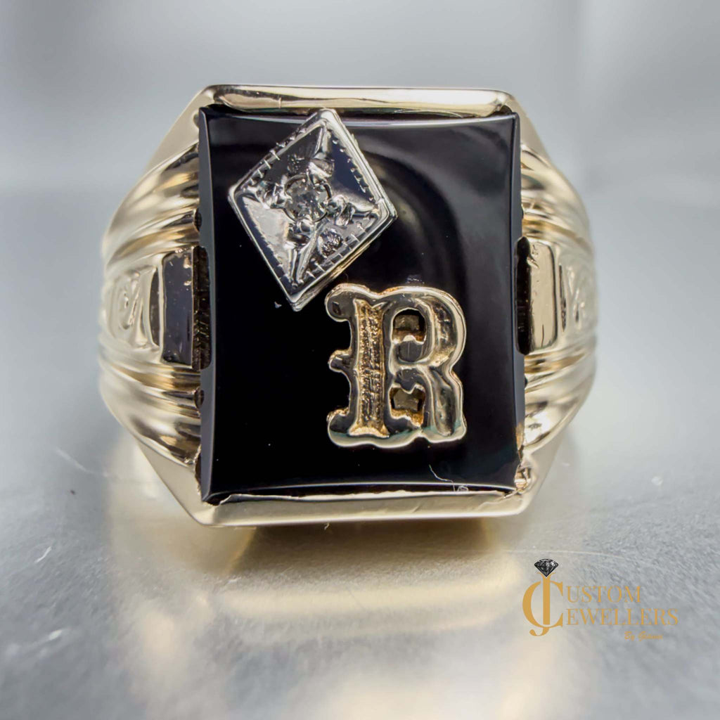 Custom Hematite 'R' Initial Gold Ring featuring single diamond